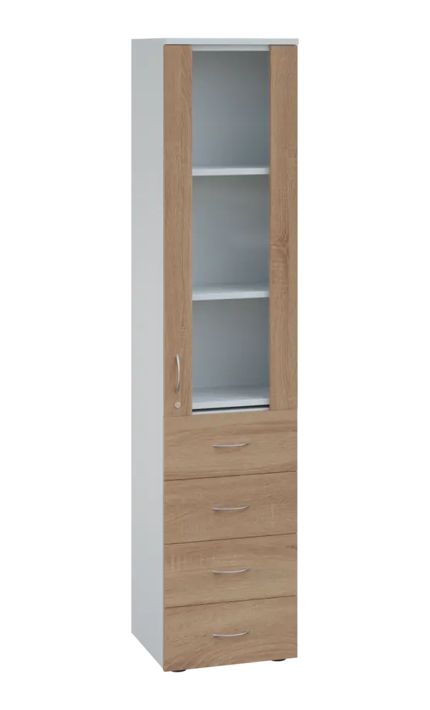 LE - 44 skříň léková prosklená, pravá, korpus bílý, dvířka dub bardolino